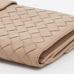 Pre Owned Bottega Veneta Beige Intrecciato Leather Long Compact Wallet