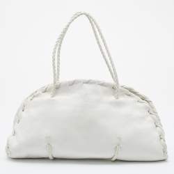 Pre Owned Bottega Veneta White Leather Braided Edge Satchel