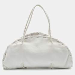 Pre Owned Bottega Veneta White Leather Braided Edge Satchel