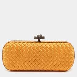 Pre Owned Bottega Veneta Orange Intrecciato Satin and Snakeskin Trim Knot Clutch