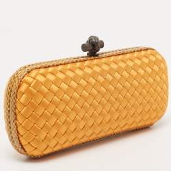 Pre Owned Bottega Veneta Orange Intrecciato Satin and Snakeskin Trim Knot Clutch