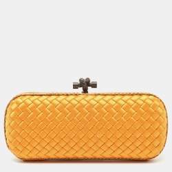 Pre Owned Bottega Veneta Orange Intrecciato Satin and Snakeskin Trim Knot Clutch