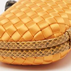 Pre Owned Bottega Veneta Orange Intrecciato Satin and Snakeskin Trim Knot Clutch