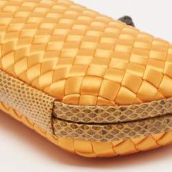 Pre Owned Bottega Veneta Orange Intrecciato Satin and Snakeskin Trim Knot Clutch