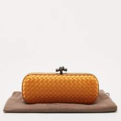 Pre Owned Bottega Veneta Orange Intrecciato Satin and Snakeskin Trim Knot Clutch