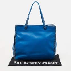 Pre Owned Bottega Veneta Blue Intrecciato Leather and Karung Frame Tote