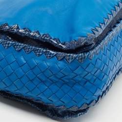 Pre Owned Bottega Veneta Blue Intrecciato Leather and Karung Frame Tote