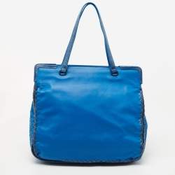 Pre Owned Bottega Veneta Blue Intrecciato Leather and Karung Frame Tote