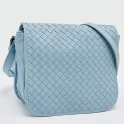 Pre Owned Bottega Veneta Light Blue Intrecciato Leather Flap Shoulder Bag