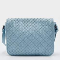 Pre Owned Bottega Veneta Light Blue Intrecciato Leather Flap Shoulder Bag