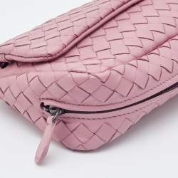 Pre Owned Bottega Veneta Light Pink Intreccaito Leather Olimpia Chain Shoulder Bag