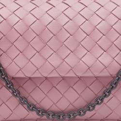 Pre Owned Bottega Veneta Light Pink Intreccaito Leather Olimpia Chain Shoulder Bag