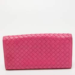 Pre Owned Bottega Veneta Pink Intrecciato Leather Flap Zip Around Wallet
