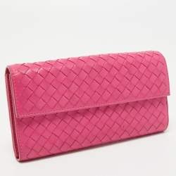 Pre Owned Bottega Veneta Pink Intrecciato Leather Flap Zip Around Wallet