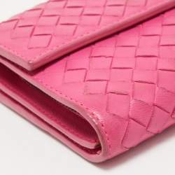 Pre Owned Bottega Veneta Pink Intrecciato Leather Flap Zip Around Wallet