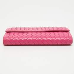 Pre Owned Bottega Veneta Pink Intrecciato Leather Flap Zip Around Wallet