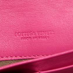 Pre Owned Bottega Veneta Pink Intrecciato Leather Flap Zip Around Wallet