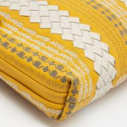 Pre Owned Bottega Veneta Yellow/White Intrecciato Leather Embroidered Nodini Shoulder Bag