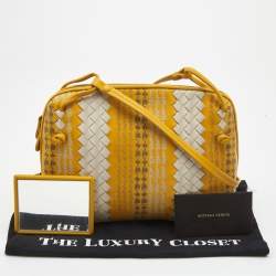 Pre Owned Bottega Veneta Yellow/White Intrecciato Leather Embroidered Nodini Shoulder Bag