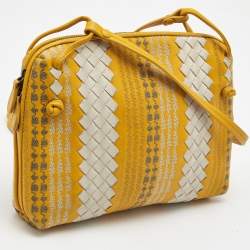 Pre Owned Bottega Veneta Yellow/White Intrecciato Leather Embroidered Nodini Shoulder Bag