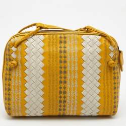 Pre Owned Bottega Veneta Yellow/White Intrecciato Leather Embroidered Nodini Shoulder Bag