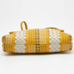 Pre Owned Bottega Veneta Yellow/White Intrecciato Leather Embroidered Nodini Shoulder Bag