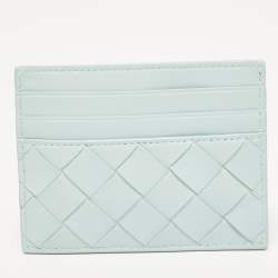 Pre Owned Bottega Veneta Light Blue Intrecciato Leather Card Holder