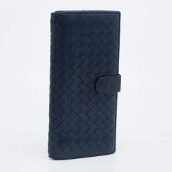 Pre Owned Bottega Veneta Blue Intrecciato Leather Flap Continental Wallet