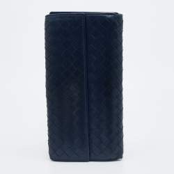 Pre Owned Bottega Veneta Blue Intrecciato Leather Flap Continental Wallet