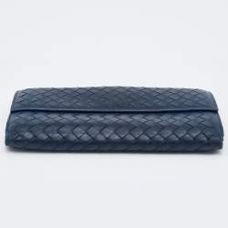 Pre Owned Bottega Veneta Blue Intrecciato Leather Flap Continental Wallet