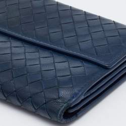 Pre Owned Bottega Veneta Blue Intrecciato Leather Flap Continental Wallet