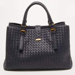 مملوكة مسبقًا Bottega Veneta Navy Blue Intrecciato Leather Medium Roma Tote