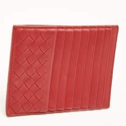 Pre Owned Bottega Veneta Red Intrecciato Leather Zip Card Holder 