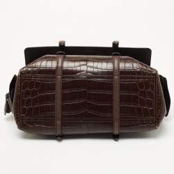 Pre Owned Bottega Veneta Dark Brown Crocodile and Karung Leather Flap Satchel