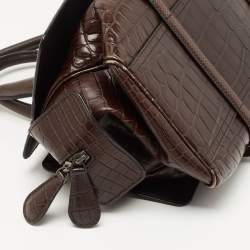 Pre Owned Bottega Veneta Dark Brown Crocodile and Karung Leather Flap Satchel