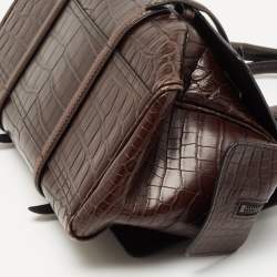 Pre Owned Bottega Veneta Dark Brown Crocodile and Karung Leather Flap Satchel