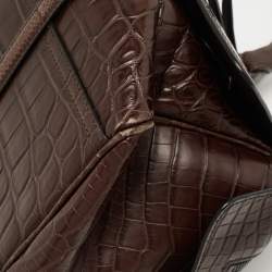 Pre Owned Bottega Veneta Dark Brown Crocodile and Karung Leather Flap Satchel