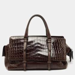 Pre Owned Bottega Veneta Dark Brown Crocodile and Karung Leather Flap Satchel