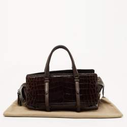 Pre Owned Bottega Veneta Dark Brown Crocodile and Karung Leather Flap Satchel