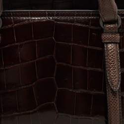 Pre Owned Bottega Veneta Dark Brown Crocodile and Karung Leather Flap Satchel