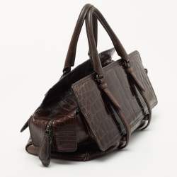 Pre Owned Bottega Veneta Dark Brown Crocodile and Karung Leather Flap Satchel