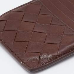 Pre Owned Bottega Veneta Brown Intrecciato Leather Zip Card Holder 