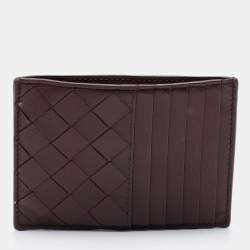 Pre Owned Bottega Veneta Brown Intrecciato Leather Zip Card Holder 