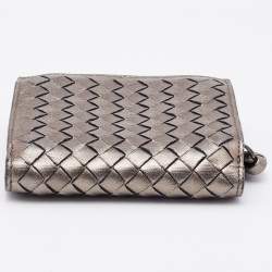 Pre Owned Bottega Veneta Metallic Intrecciato Leather French Compact Wallet