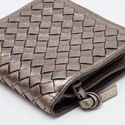 Pre Owned Bottega Veneta Metallic Intrecciato Leather French Compact Wallet