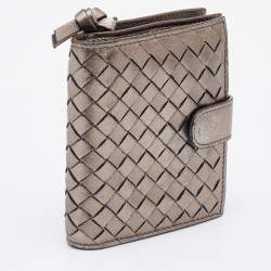 Pre Owned Bottega Veneta Metallic Intrecciato Leather French Compact Wallet