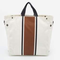 مملوكة مسبقًا Bottega Veneta White/Brown Canvas and Leather Shopper Tote