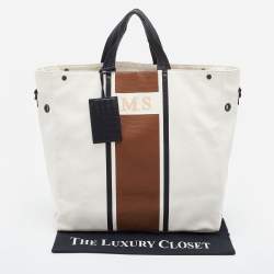 مملوكة مسبقًا Bottega Veneta White/Brown Canvas and Leather Shopper Tote