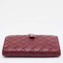 Pre Owned Bottega Veneta Red Intrecciato Leather French Compact Wallet