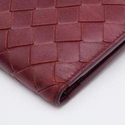 Pre Owned Bottega Veneta Red Intrecciato Leather French Compact Wallet
